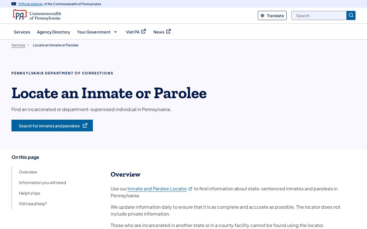 PA DOC inmate and parolee locator coverage and search information