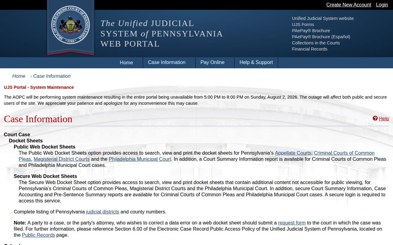 Pennsylvania UJS Case Information search used for Lackawanna County criminal dockets