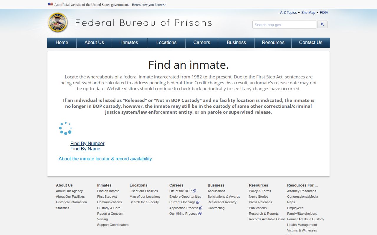Federal Bureau of Prisons inmate locator used for federal release records