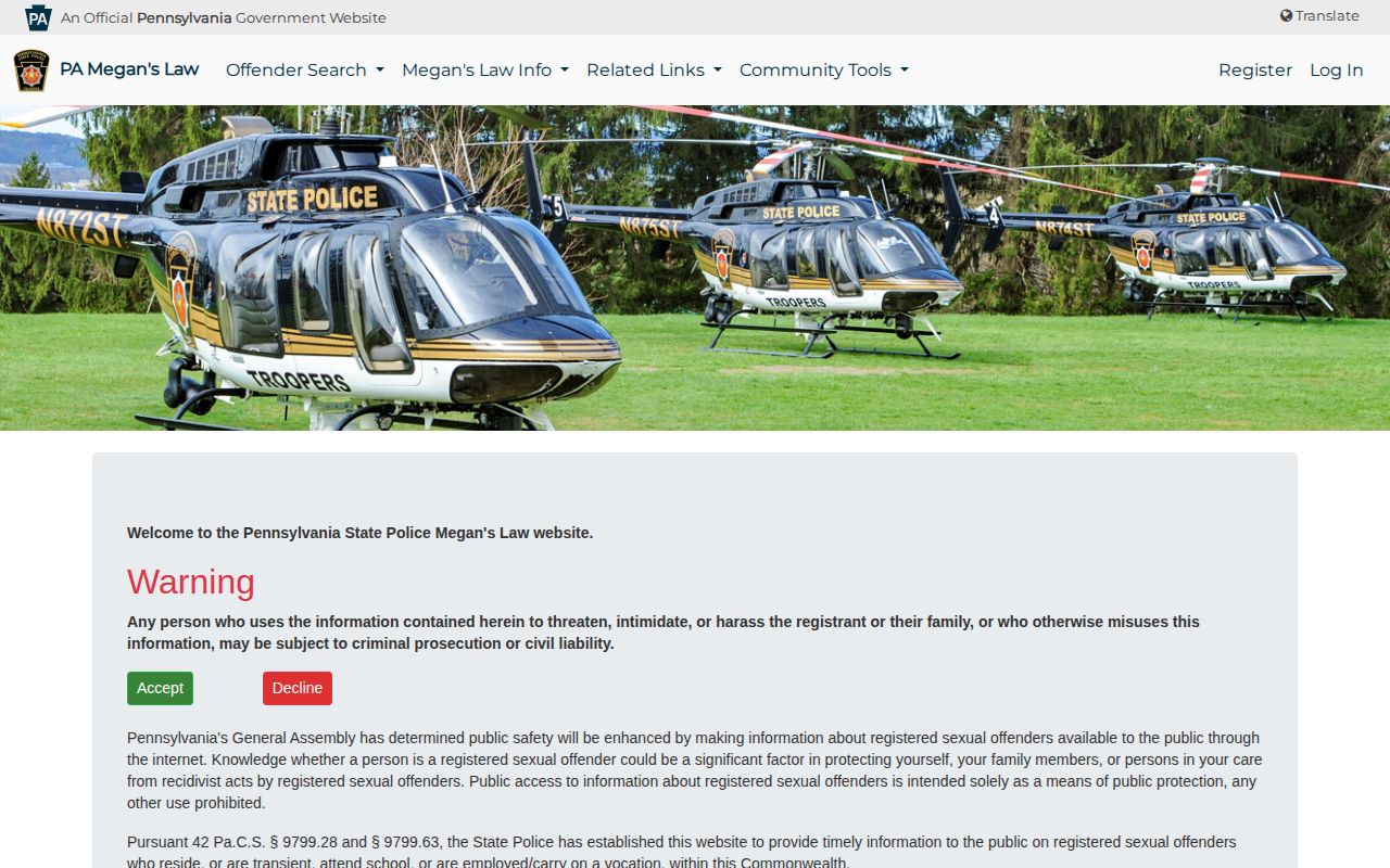 Pennsylvania Megan's Law registry search with limited statutory coverage
